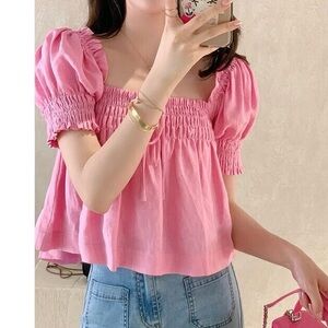 Linen Pink Cropped Top Puffy Sleeves Pleated A-line Top With Bow At Front